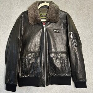 Men's Air Force Goatskin Leather Bomber Jacket L Black Pala Removable Collar zip